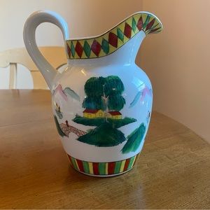 Vintage IDG pitcher or vase Asian chinoiserie scenic colorful vase pitcher